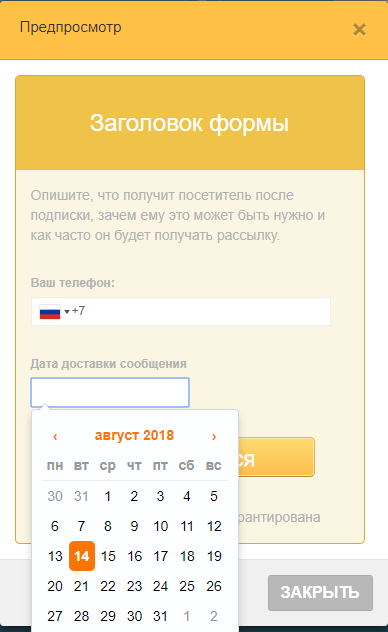 Форма СМС подписки с полями номера и даты доставки сообщения